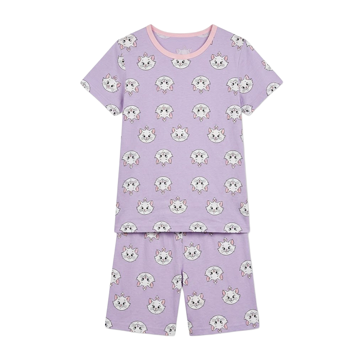 Girls Lavender Kitten Half Sleeves Shorts Set