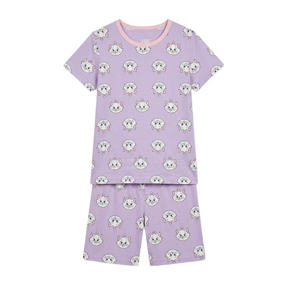 Girls Lavender Kitten Half Sleeves Shorts Set