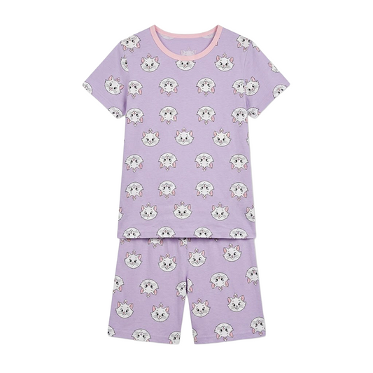 Girls Lavender Kitten Half Sleeves Shorts Set