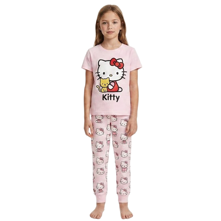 Girls Kitty Half Sleeves Pyjama Set