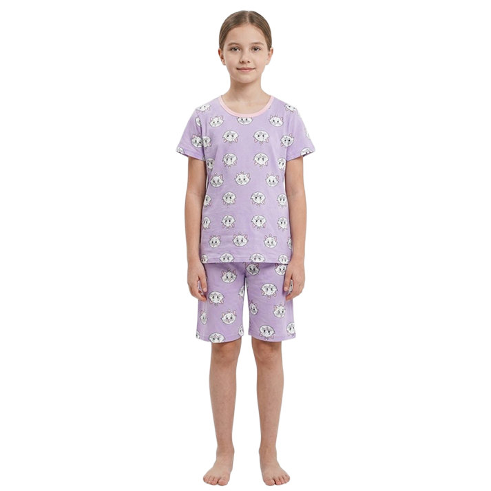 Girls Lavender Kitten Half Sleeves Shorts Set