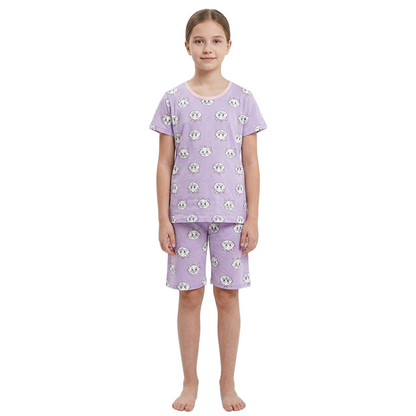 Girls Lavender Kitten Half Sleeves Shorts Set