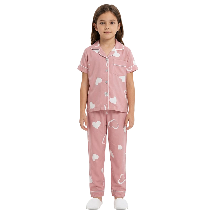 Girls Dusty Rose Heart Button-Front Pyjama Set