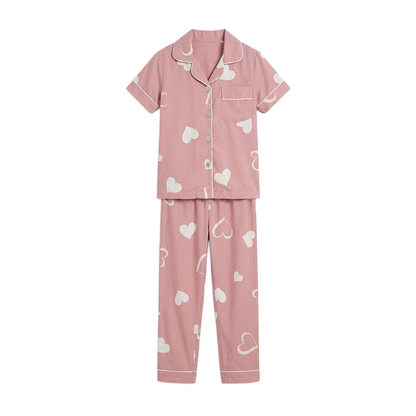 Girls Dusty Rose Heart Button-Front Pyjama Set