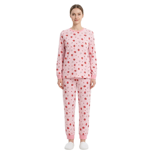 Women Strawberry Print Full Sleeves Pyjama Set