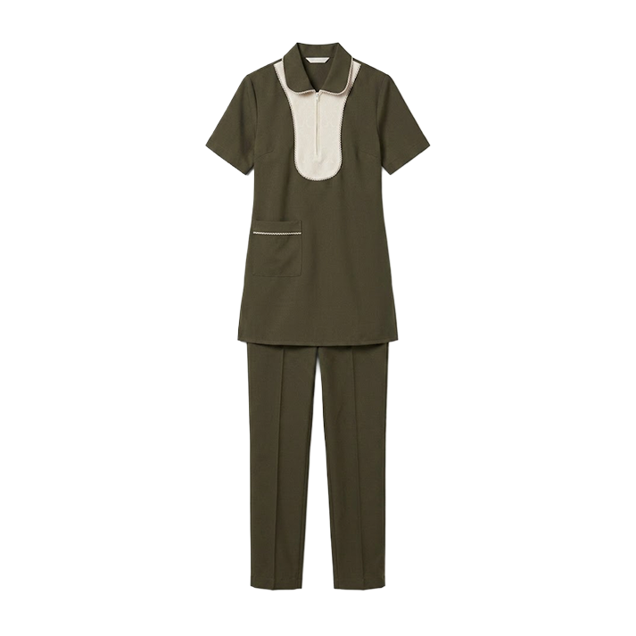 Maid's Contrast Bib Front Zip-Neck Uniform Set