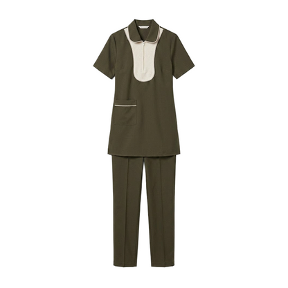 Maid's Contrast Bib Front Zip-Neck Uniform Set