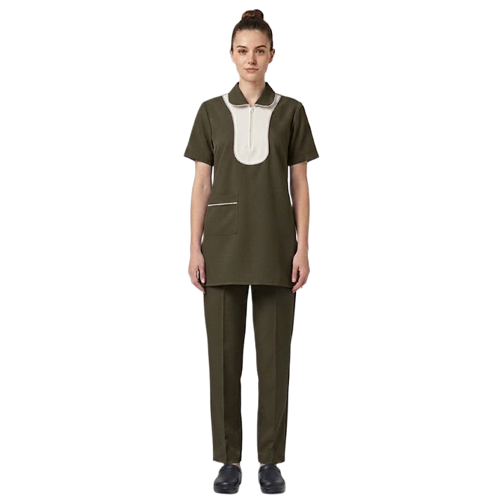 Maid's Contrast Bib Front Zip-Neck Uniform Set