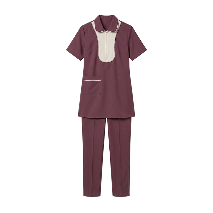 Maid's Contrast Bib Front Zip-Neck Uniform Set