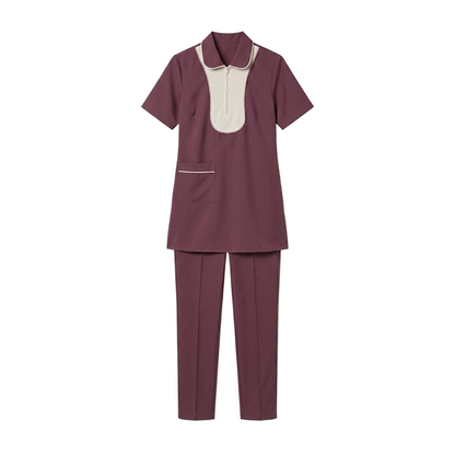Maid's Contrast Bib Front Zip-Neck Uniform Set