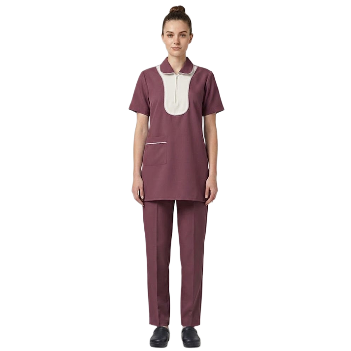 Maid's Contrast Bib Front Zip-Neck Uniform Set