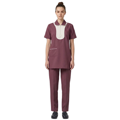 Maid's Contrast Bib Front Zip-Neck Uniform Set