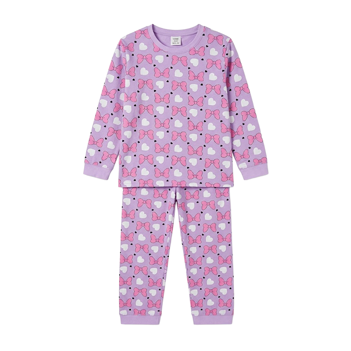 Women Purple Bow Print Full Sleeves Pyjama Set
