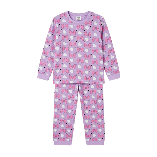 Women Purple Bow Print Full Sleeves Pyjama Set