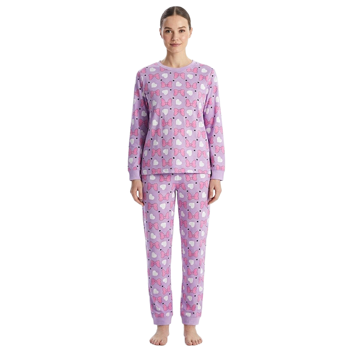 Women Purple Bow Print Full Sleeves Pyjama Set