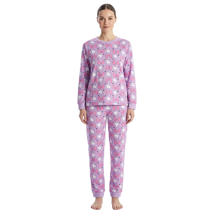 Women Purple Bow Print Full Sleeves Pyjama Set
