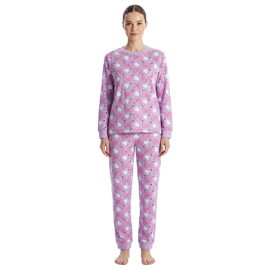 Women Purple Bow Print Full Sleeves Pyjama Set