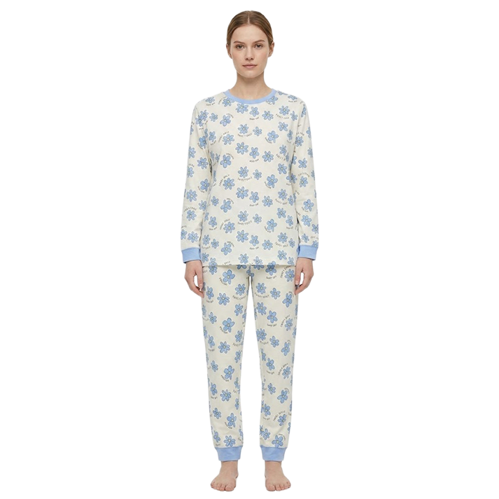 Women Blue Floral Print Full Sleeves Pyjama Set