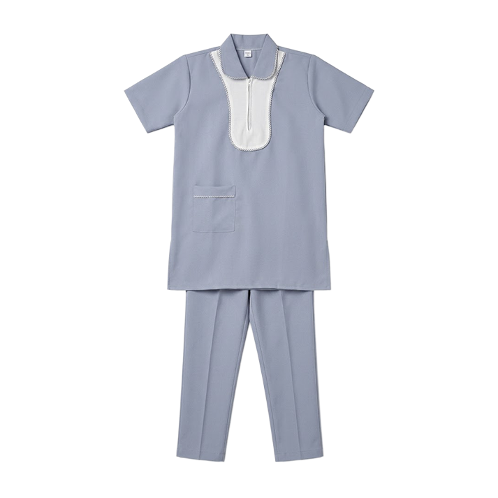 Maid's Contrast Bib Front Zip-Neck Uniform Set