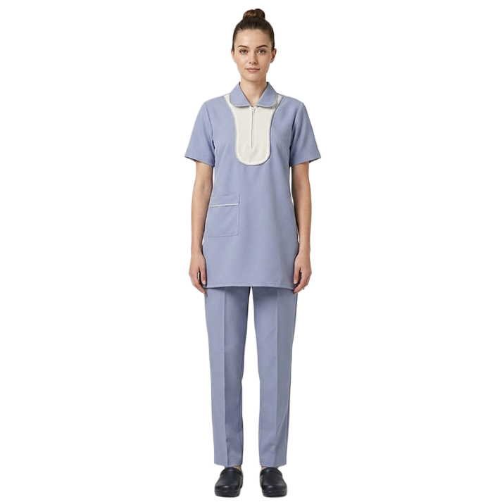 Maid's Contrast Bib Front Zip-Neck Uniform Set