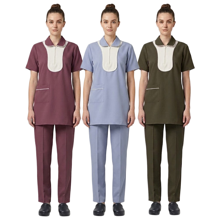 Maid's Contrast Bib Front Zip-Neck Uniform Set