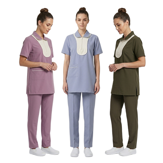 Maid's Contrast Bib Front Zip-Neck Uniform Set