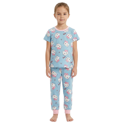 Girls Kitten Print Half Sleeves Pyjama Set