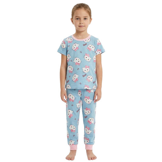 Girls Kitten Print Half Sleeves Pyjama Set