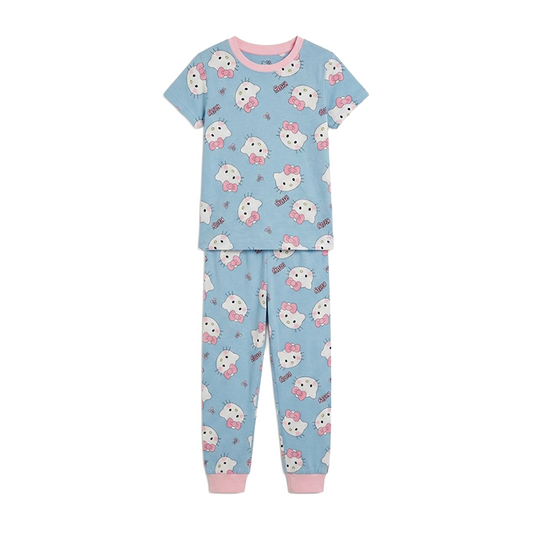 Girls Kitten Print Half Sleeves Pyjama Set