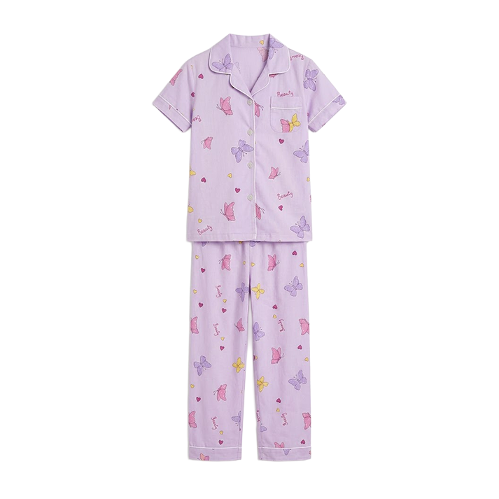Girls Lilac Butterfly-Print Button-Front Pyjama Set