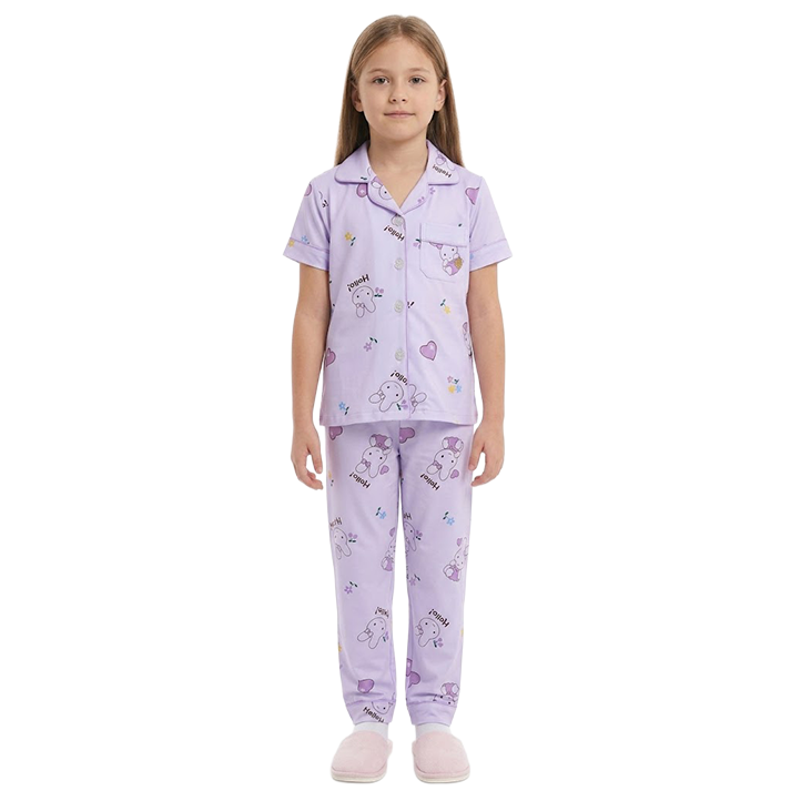 Girls Lavender Bunny Print Button-Front Pyjama Set