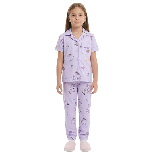 Girls Lavender Bunny Print Button-Front Pyjama Set