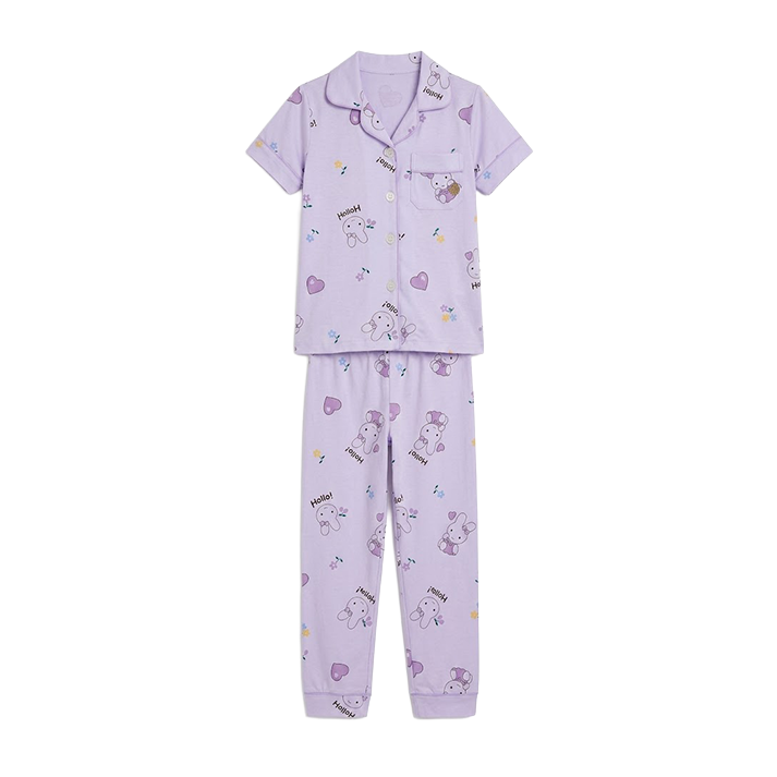 Girls Lavender Bunny Print Button-Front Pyjama Set
