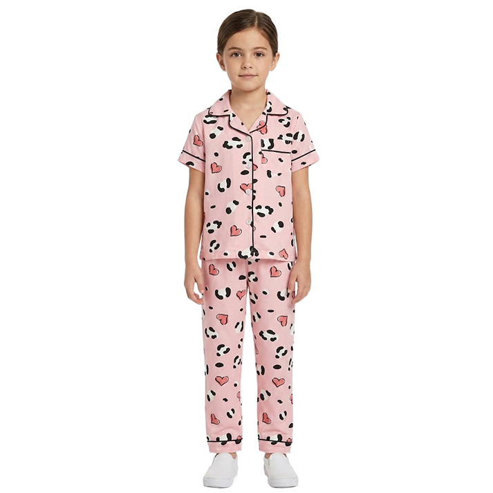Girls Pink Leopard-Heart Button-Front Pyjama Set