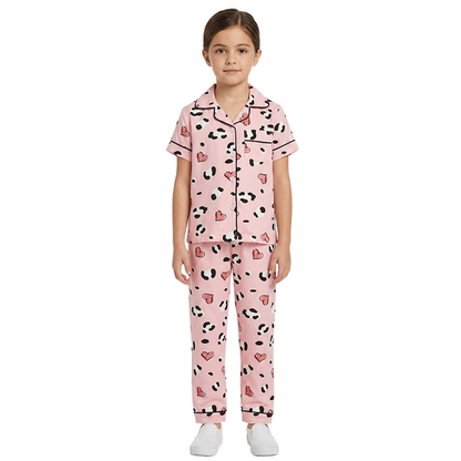 Girls Pink Leopard-Heart Button-Front Pyjama Set