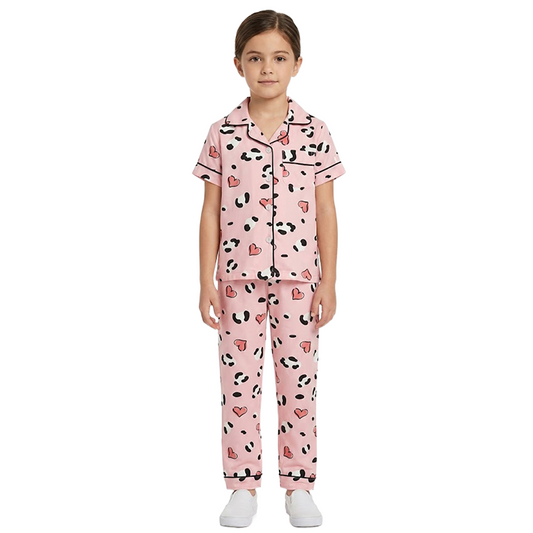Girls Pink Leopard-Heart Button-Front Pyjama Set