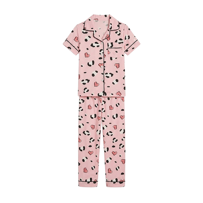 Girls Pink Leopard-Heart Button-Front Pyjama Set