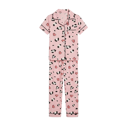 Girls Pink Leopard-Heart Button-Front Pyjama Set