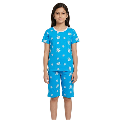 Girls Snowflake Print Half Sleeves Shorts Set