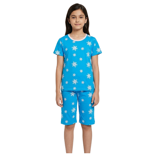 Girls Snowflake Print Half Sleeves Shorts Set