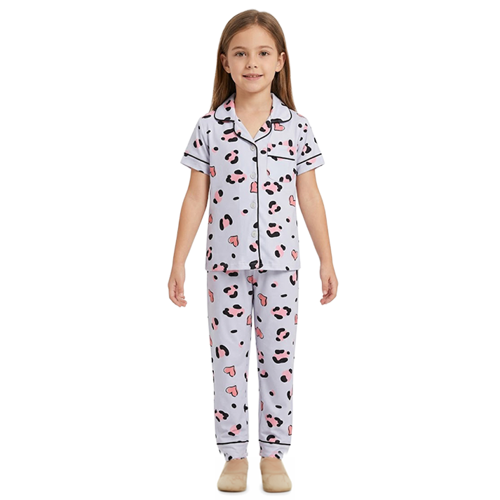 Girls Icy Grey Leopard Print Button-Front Pyjama Set