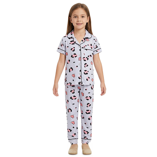 Girls Icy Grey Leopard Print Button-Front Pyjama Set