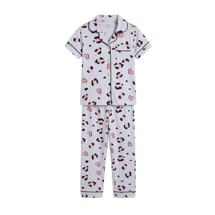 Girls Icy Grey Leopard Print Button-Front Pyjama Set