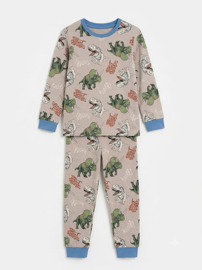 Boys Dinosaur Printed Pajama Set | Beige & Blue Sleepwear