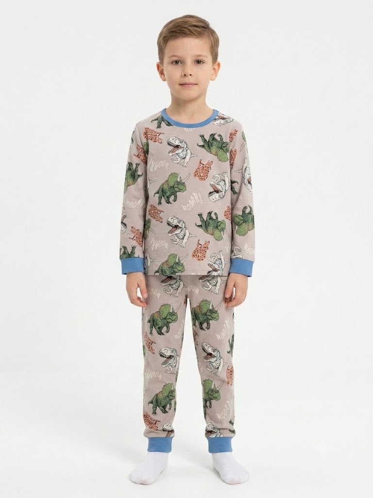 Boys Dinosaur Printed Pajama Set | Beige & Blue Sleepwear