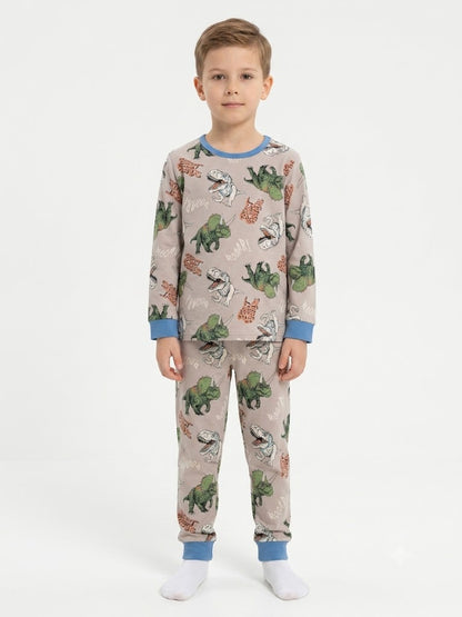 Boys Dinosaur Printed Pajama Set | Beige & Blue Sleepwear