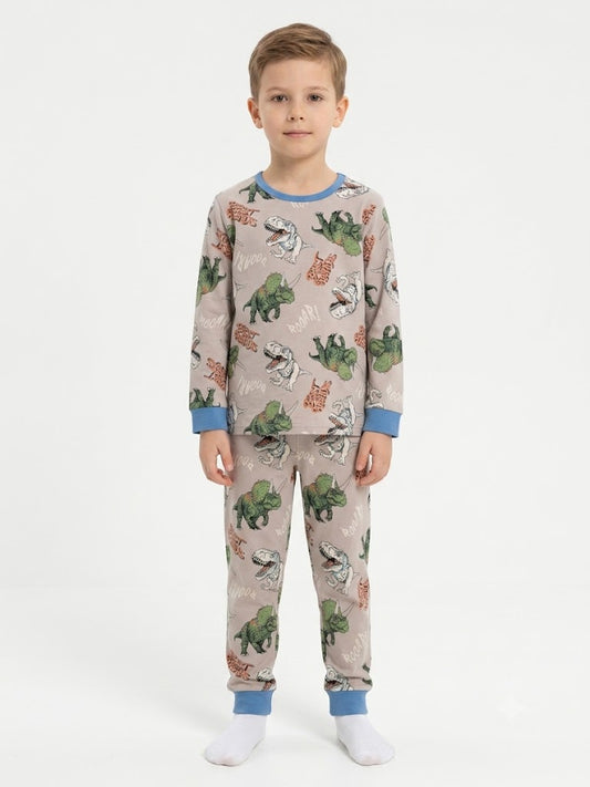 Boys Dinosaur Printed Pajama Set | Beige & Blue Sleepwear