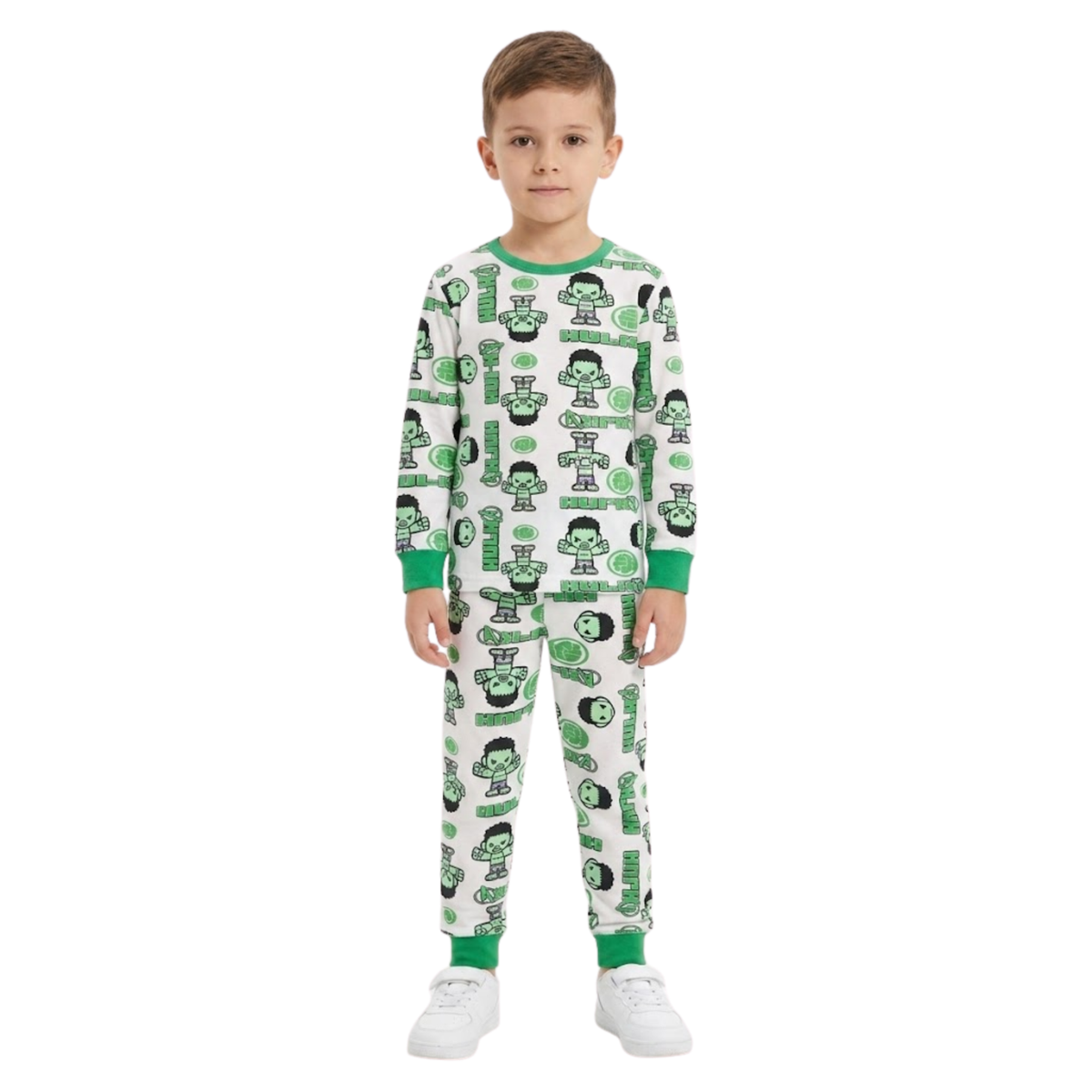Boys Hulk Printed Pajama Set | White & Green Sleepwear