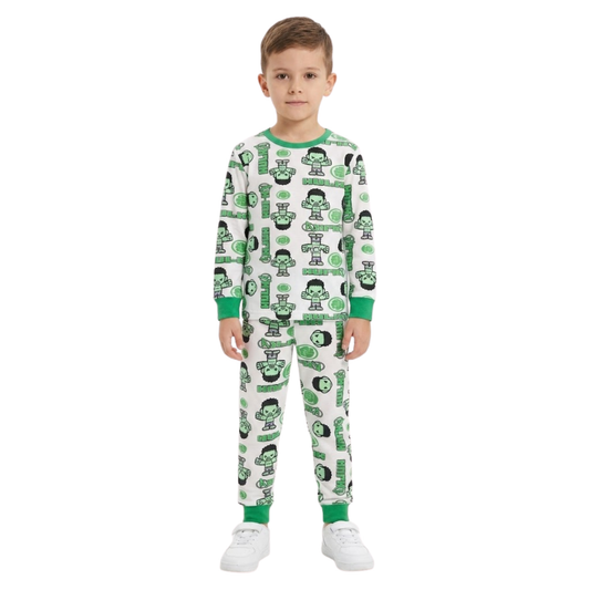 Boys Hulk Printed Pajama Set | White & Green Sleepwear
