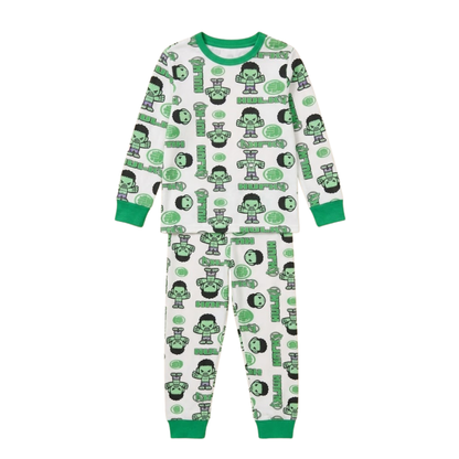 Boys Hulk Printed Pajama Set | White & Green Sleepwear